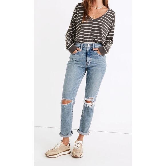 Madewell Denim - Madewell The Roadtripper High Rise Slim Boyjeans Ripped Edition Blue 26
